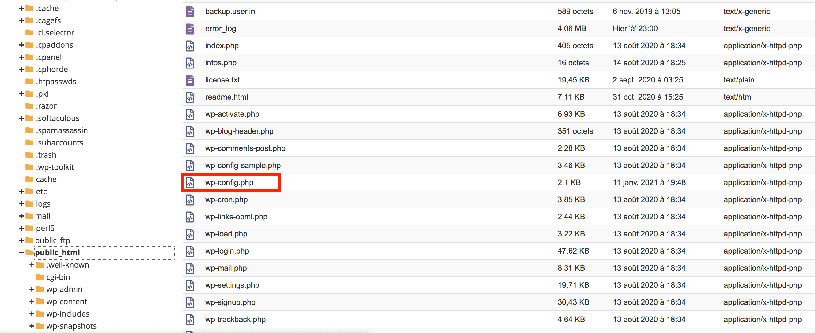modifier wp-config.php via cPanel (File Manager, Gestionnaire de fichiers)