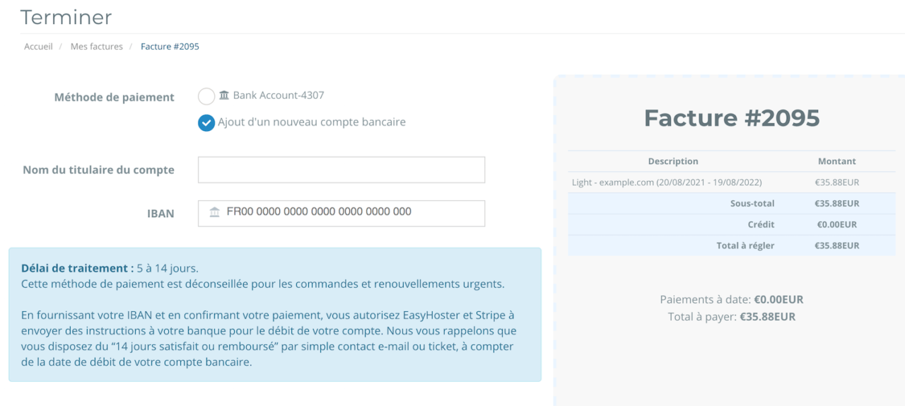 Quel est le délai de traitement des virements SEPA (virements bancaires) ? EasyHoster
