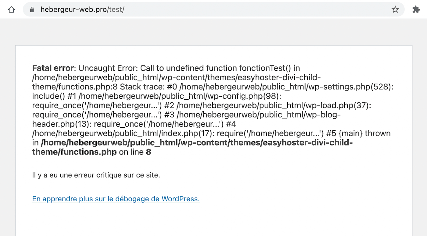 Mode debug de WordPress : Il y a eu une erreur critique sur ce site. En apprendre plus sur le débogage de WordPress.