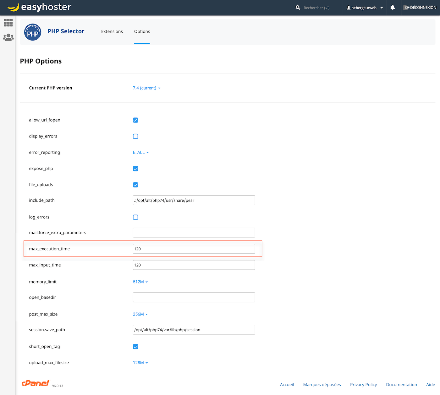 Modifier allow_url_fopen, display_errors, error_reporting, expose_php, file_uploads, log_errors, max_execution_time, max_input_time, memory_limit, post_max_size, upload_max_filesize chez un hébergeur WordPress cPanel.