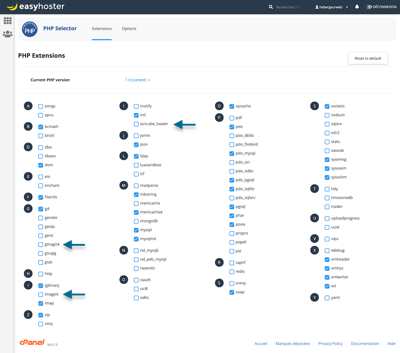 Activer le module PHP bcmath, dom, fileinfo, GD, igbinary, IMAP, ZIP, gmagick, imagick, intl, ioncube_load, json, ldap, mbstring, mysqli, mysqlnd, opcache, pdo, pdo_mysql, phar, posix, soap, sockets, ssh2, sysvmsg, sysvsem, sysvshm, wmlreader, xmlrpc, xmlwriter, xsl sur hébergement WordPress premium.