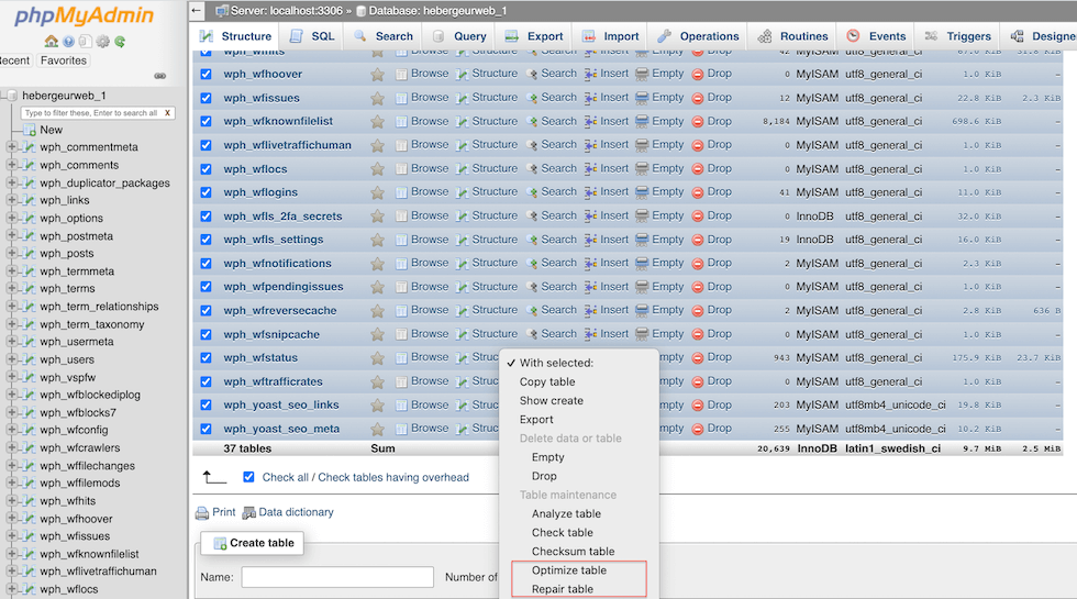 Réparer et optimiser une base de données MySQL MyISAM corrompue chez un hébergeur WordPress.