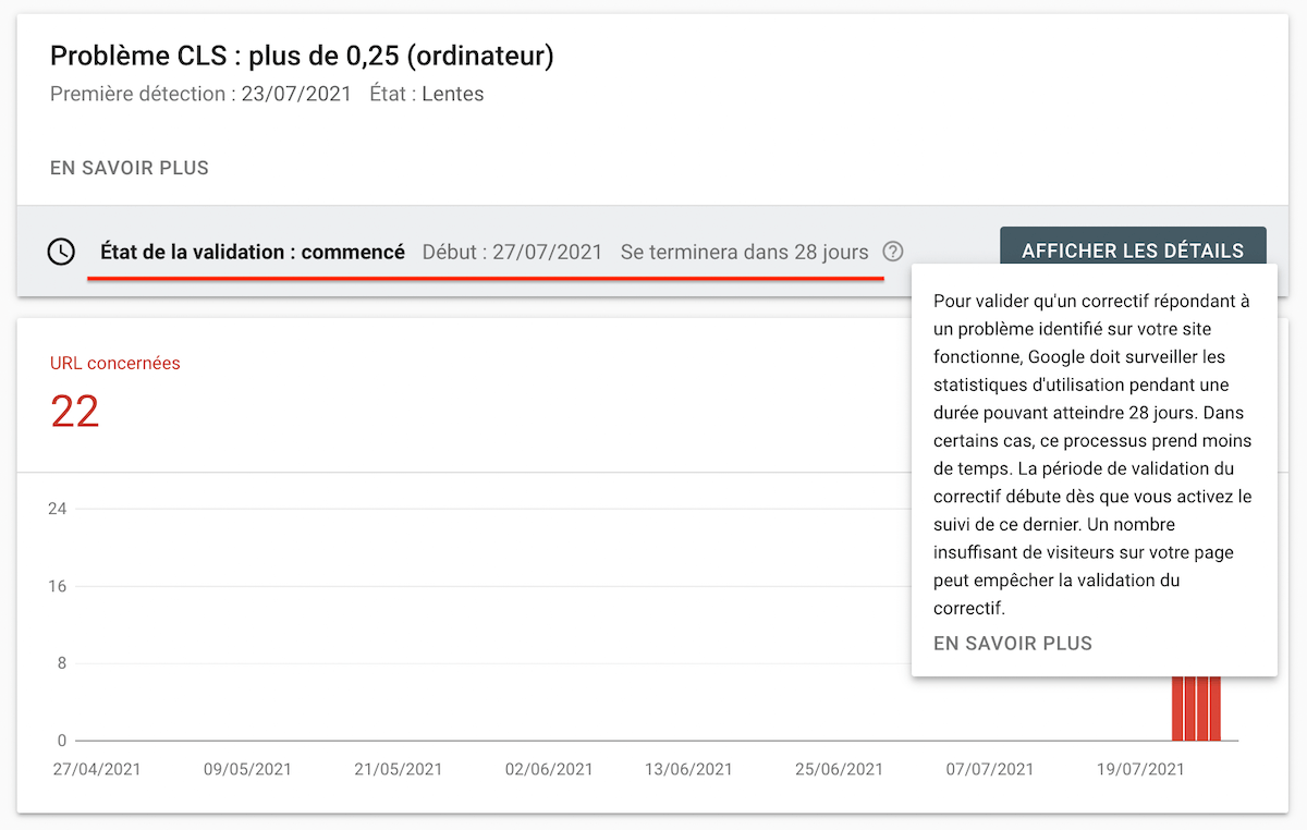 Indexation sur Google : l'état de la validation du CLS
