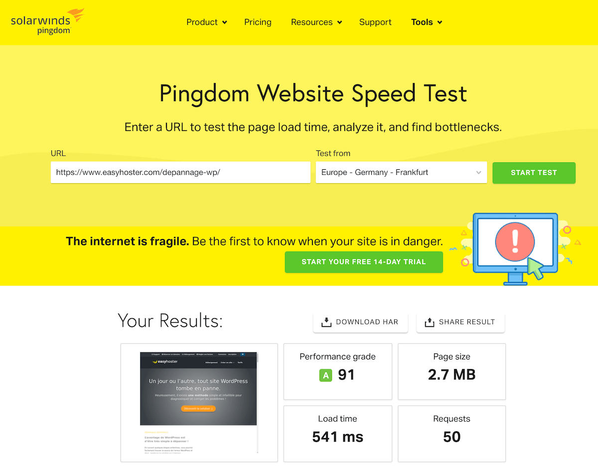 Les outils (tools) de Pingdom