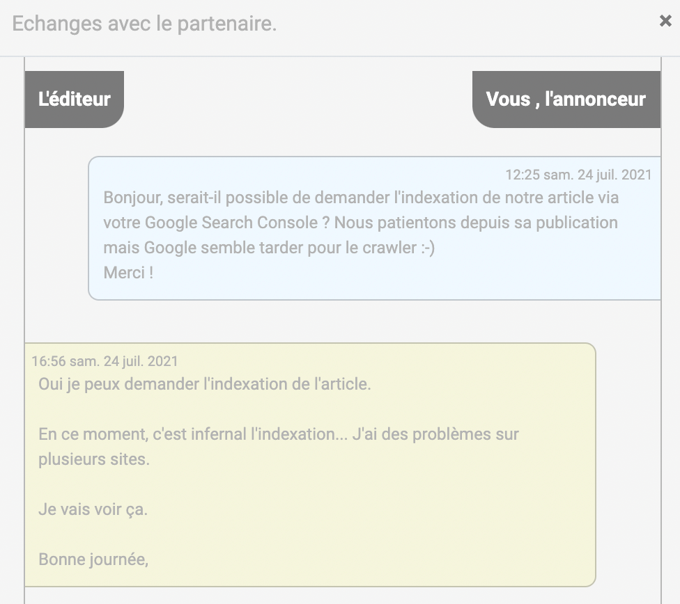 Conversation sur la non-indexation d'un article de blog