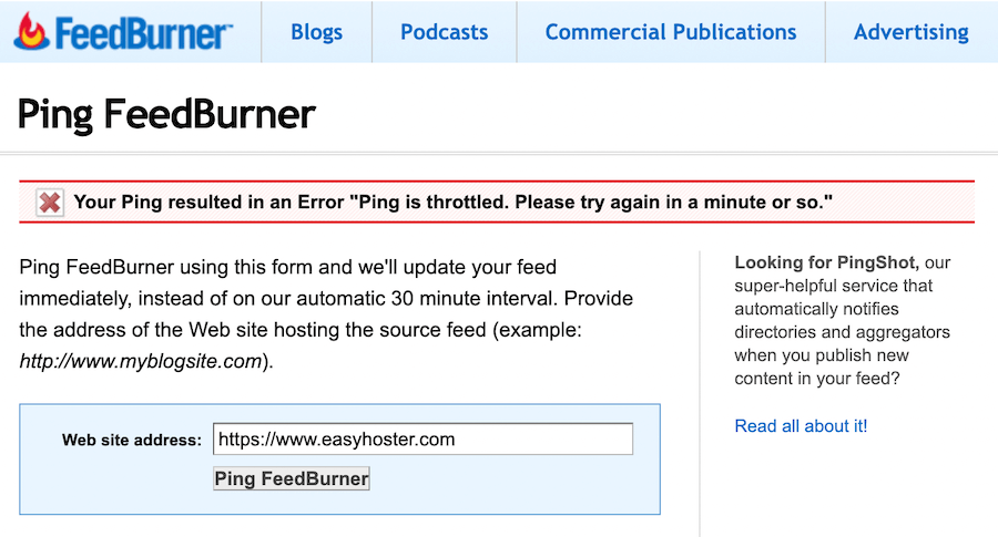 Résultat d'un ping sur Feedburner après un ping sur Pingomatic
