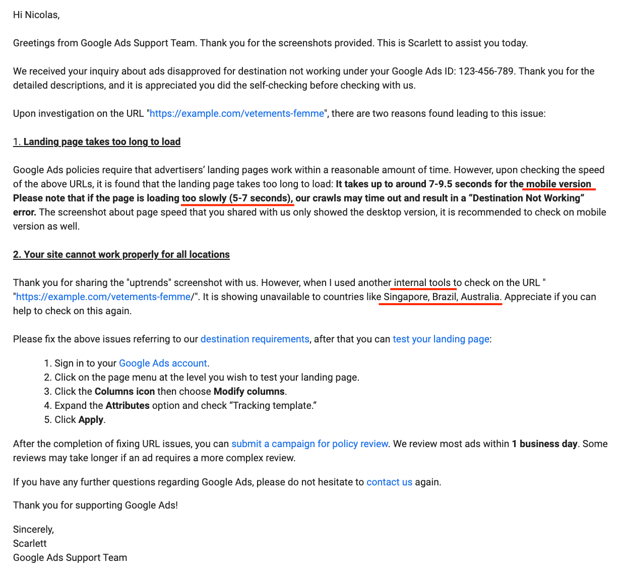 Google ads page de destination inaccessible, destination not working : la solution