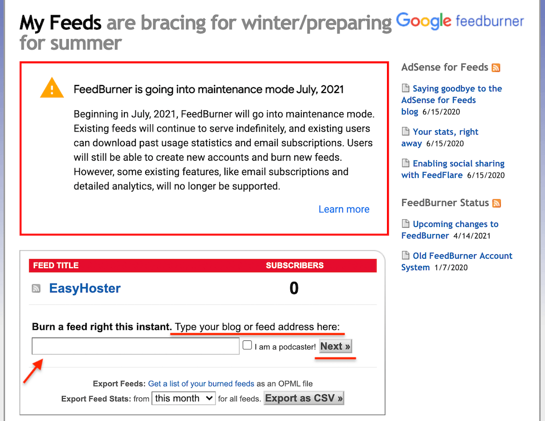 Procéder à votre inscription sur Feedburner