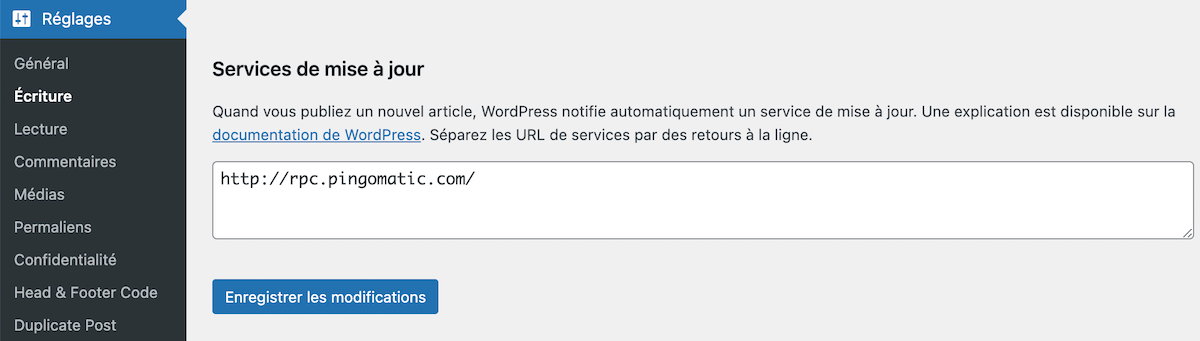 Réglages WordPress : service de mise à jour avec Pingomatic