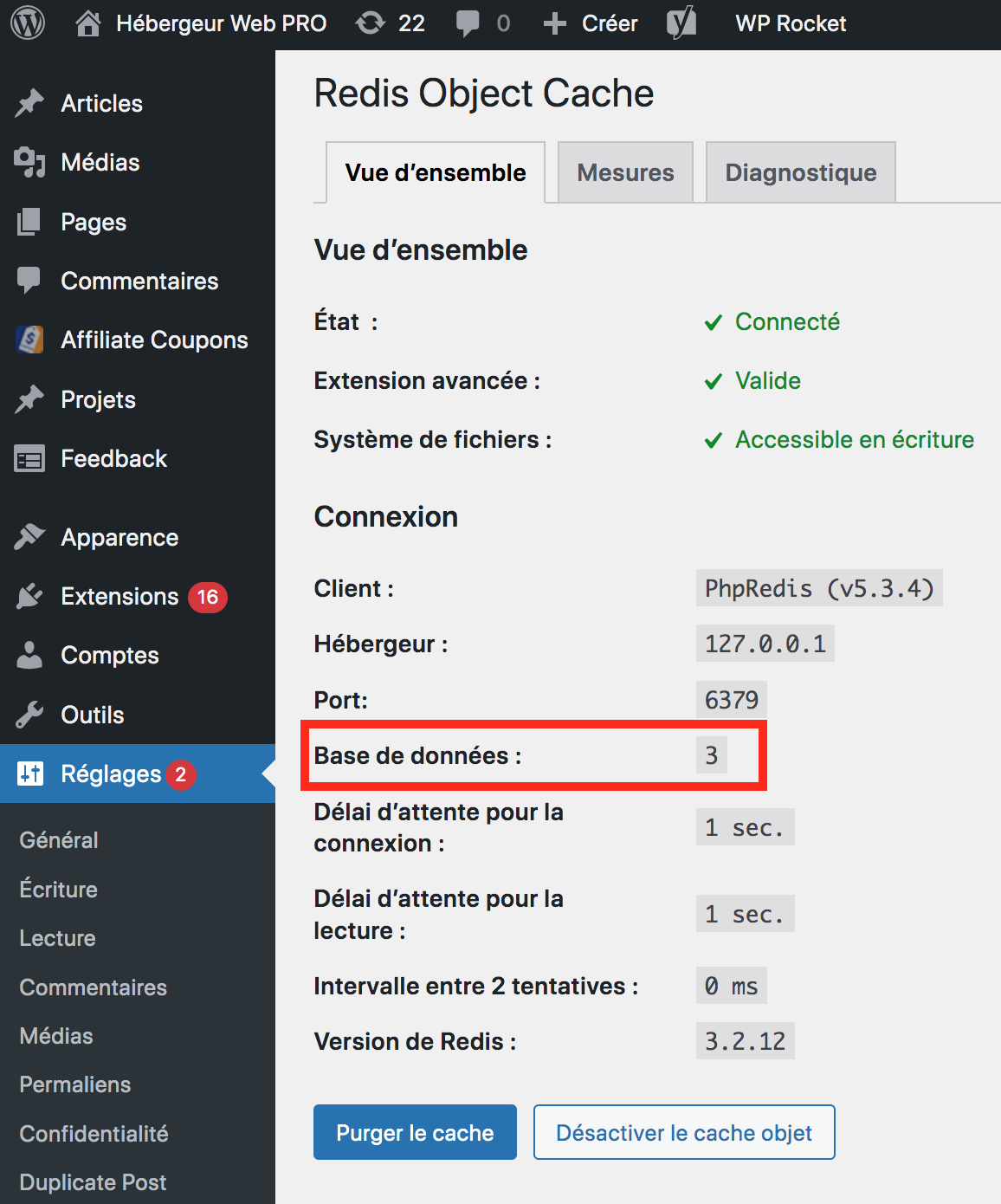 Vérification de la prise en compte de votre fichier wp-config.php pour la configuration de Redis pour WordPress