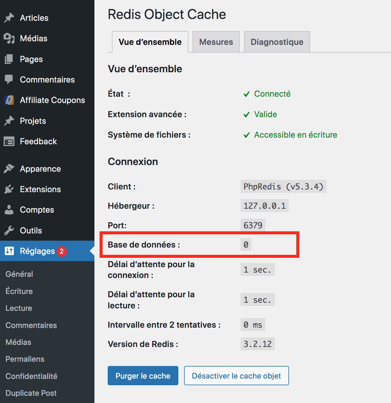 Définition de la bonne base de données dans Redis WordPress, attention !