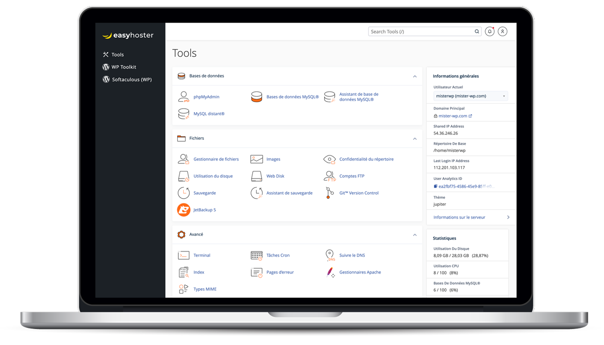 Aperçu de l'interface élégante de cPanel