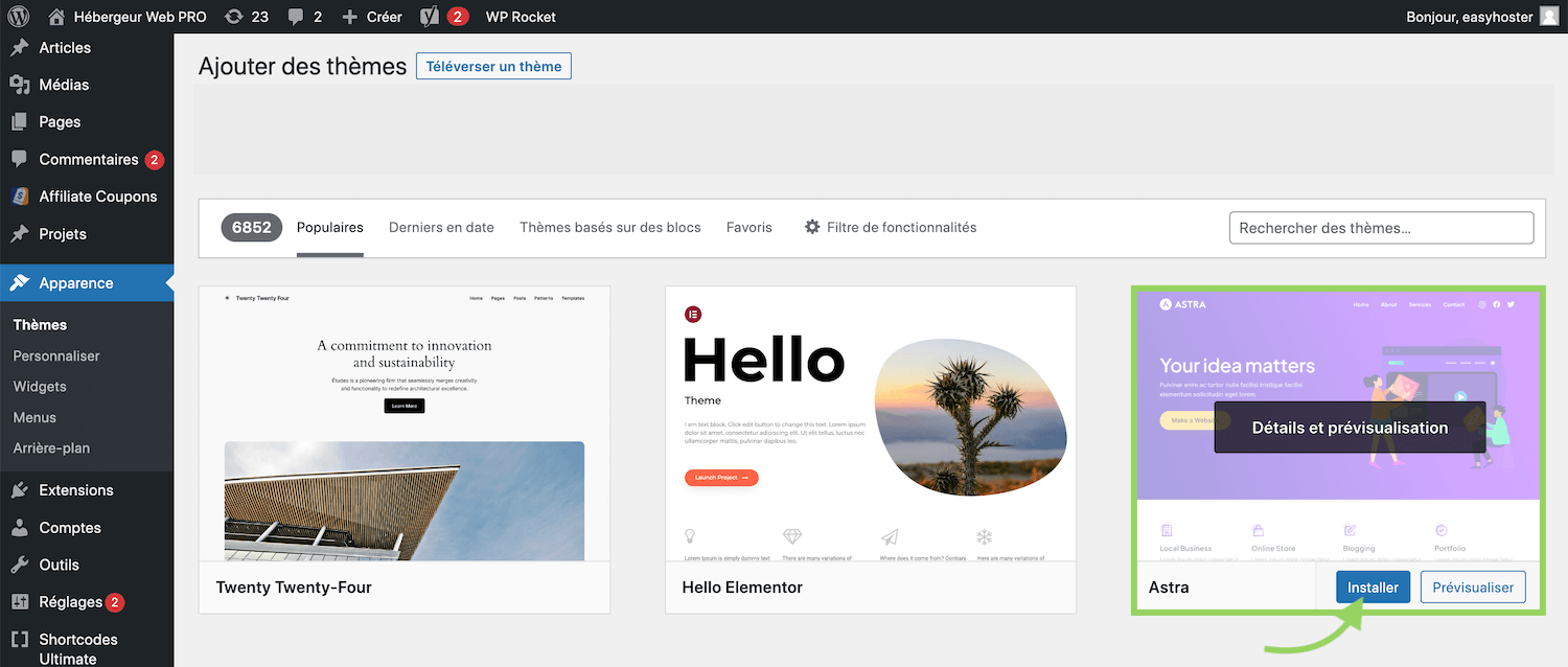 Étape 2 pour installer un thème WordPress depuis le dashboard WP