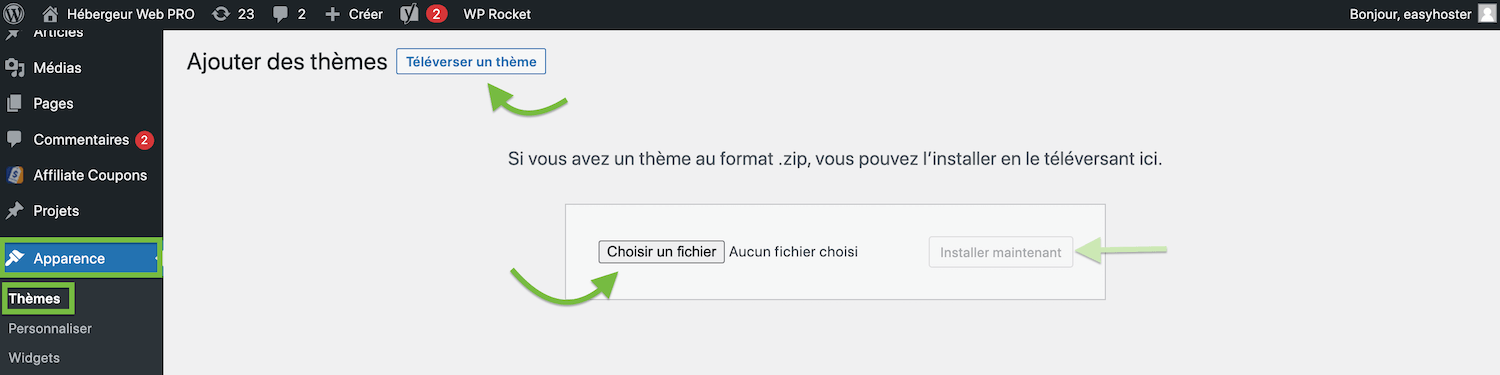 Étape 1 pour installer un thème WordPress payant depuis le dashboard WP