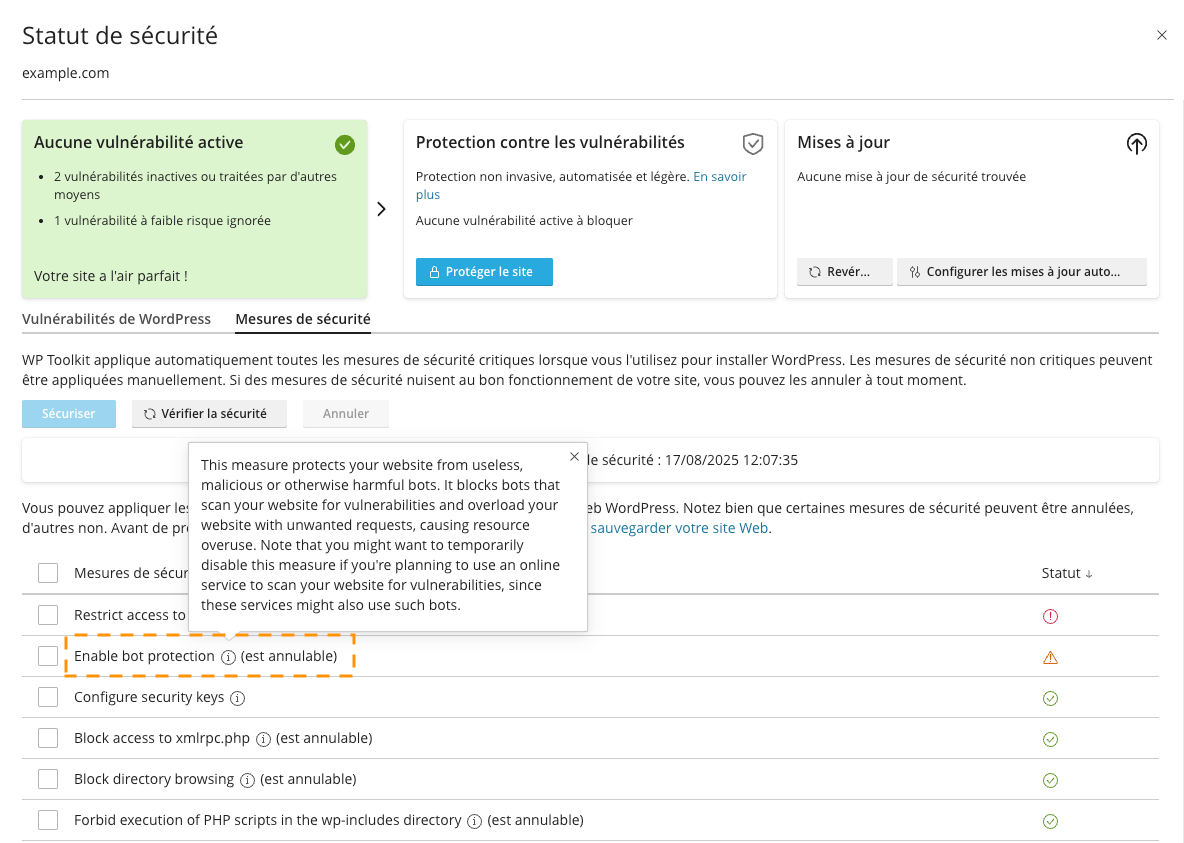 This measure protects your website from useless, malicious or otherwise harmful bots. It blocks bots that scan your website for vulnerabilities and overload your website with unwanted requests, causing resource overuse. Note that you might want to temporarily disable this mesure if you're planning to use an online service to scan your website for vulnerabilities, since these services might also use such bots.