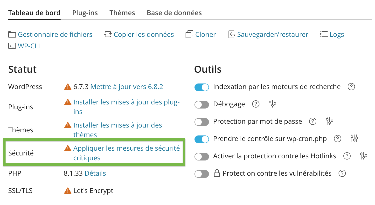 Accéder à la liste des règles de sécurité de WordPress Toolkit