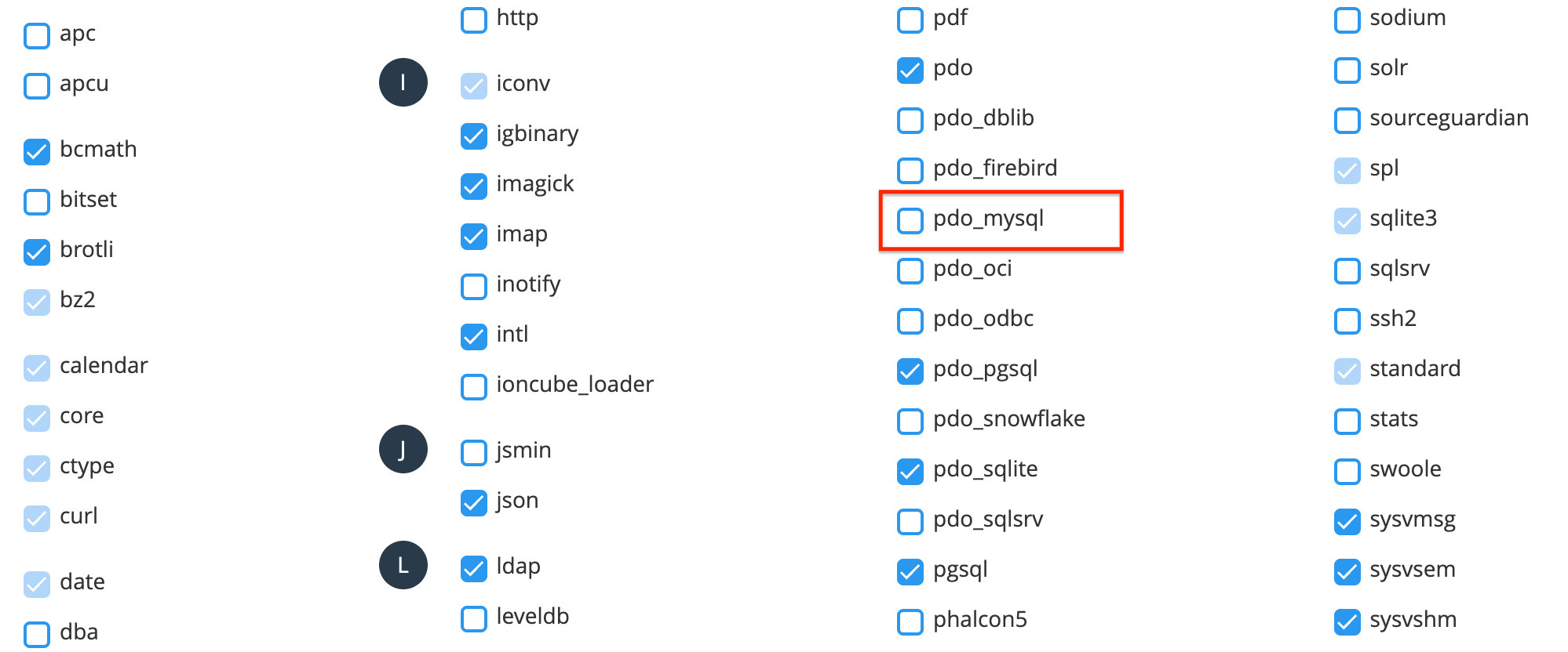 Dans la liste, décochez les extensions classiques : pdo_mysql et mysqli.
