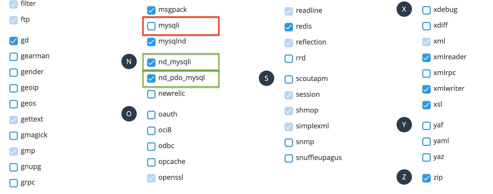À la place, cochez leurs équivalents Natifs (ND) : nd_pdo_mysql et nd_mysqli. (Vérifiez également que mysqlnd est bien coché).